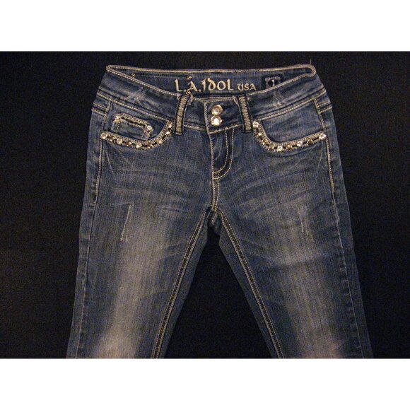 LA Idol USA Womens Jeans Blue Low-Rise Distress 1 Bootcut Flare Rhinestone - Picture 1 of 11